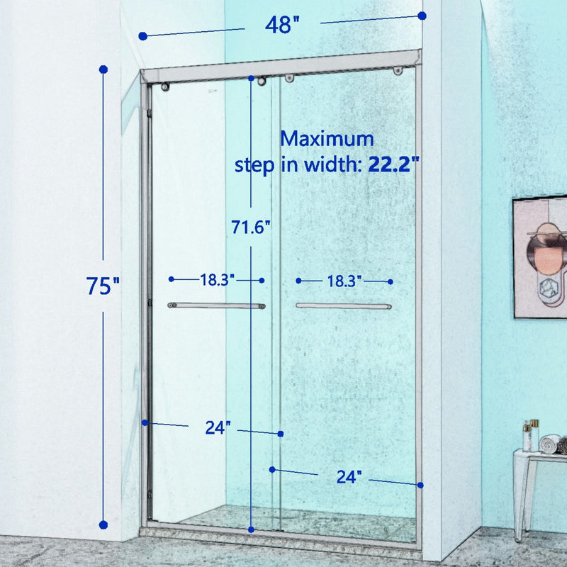 Double Sliding Shower Door Aluminium Alloy Frame, 5 / 16" (8Mm) Thick Sgcc Tempered Clear Glass