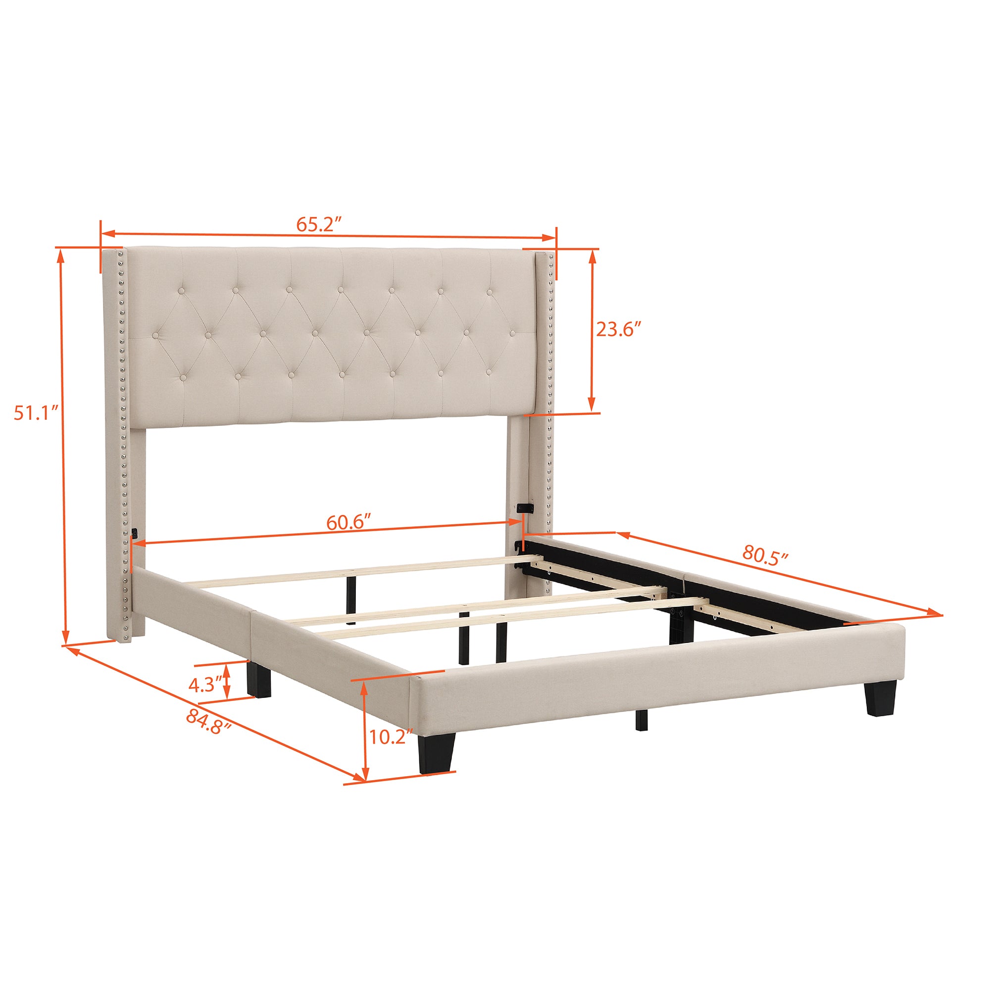 Upholstered Platform Bed with Classic Headboard, Box Spring Needed, Beige Linen Fabric, Queen Size - Atlantic Fine Furniture Melbourne FL