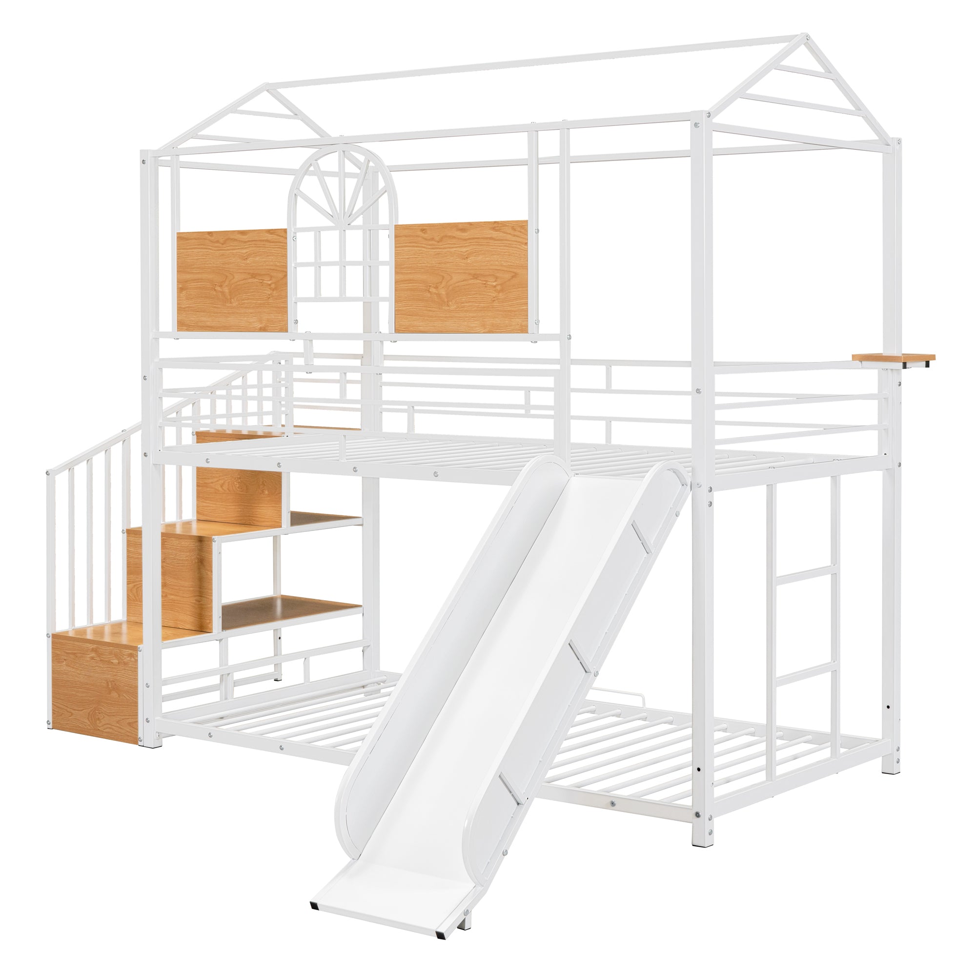 Twin Over Twin Metal Bunk Bed, Metal Housebed with Slide and Storage Stair, White with White Slide - Atlantic Fine Furniture Melbourne FL