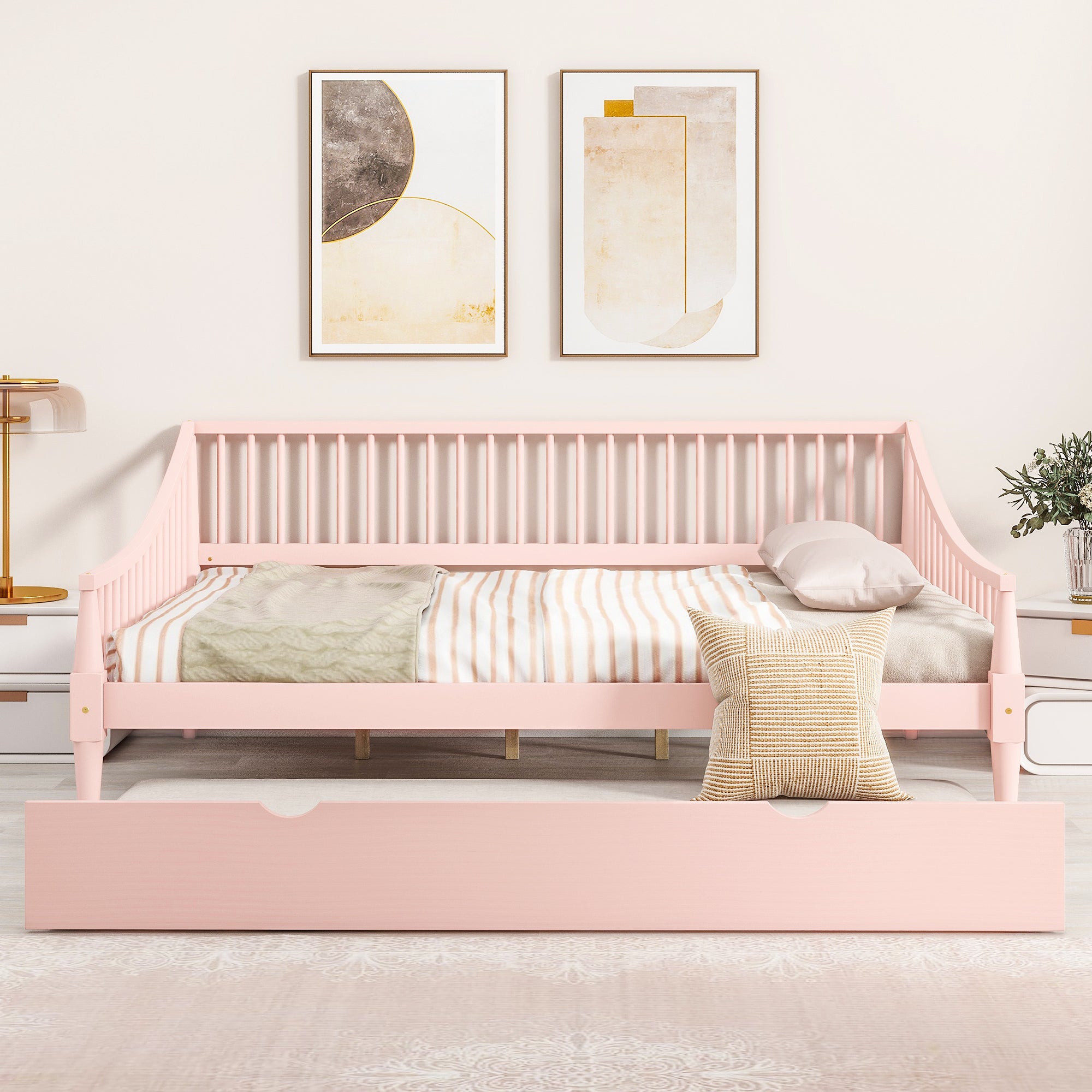 Full Size Daybed with Trundle and Support Legs, Pink - Atlantic Fine Furniture Melbourne FL