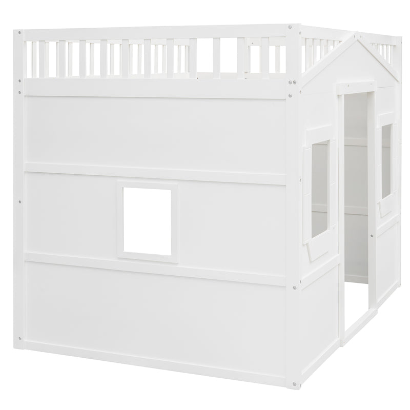 Full Size House Loft Bed With Ladder-White