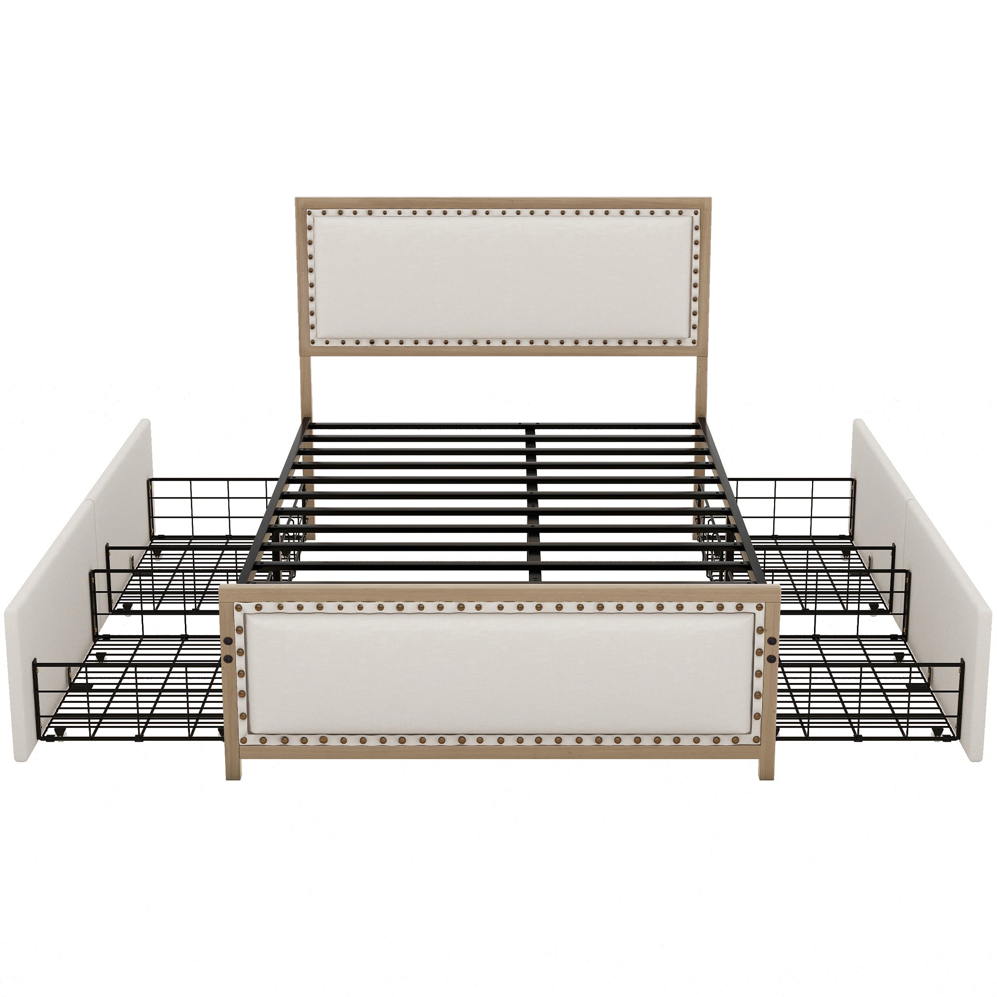 Full Size Upholstered Platform Bed with Nailhead Decoration and 4 Drawers, Brown - Atlantic Fine Furniture Melbourne FL