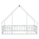 Twin Wood House-Shaped Floor Bed with Fence, Guardrails ,White