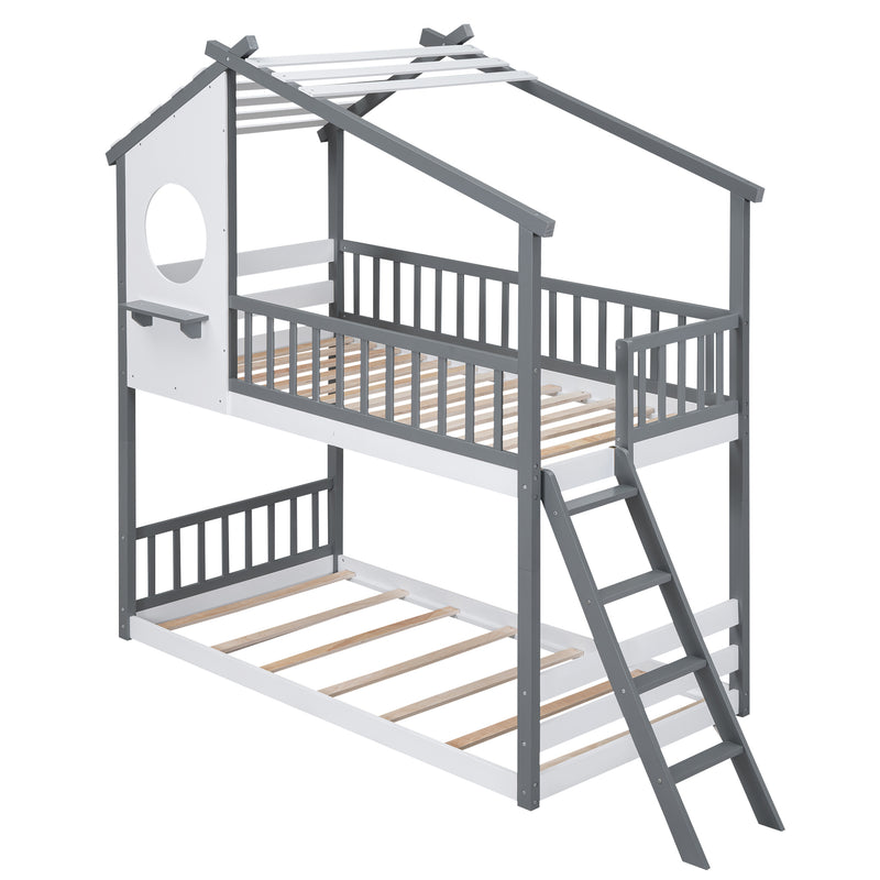 Twin Over Twin Bunk Bed Wood Bed with Roof, Window, Ladder,Gray(OLD SKU :LT100008AAE)