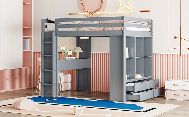Full Size Loft Bed with large shelves, writing desk and LED Light, Gray