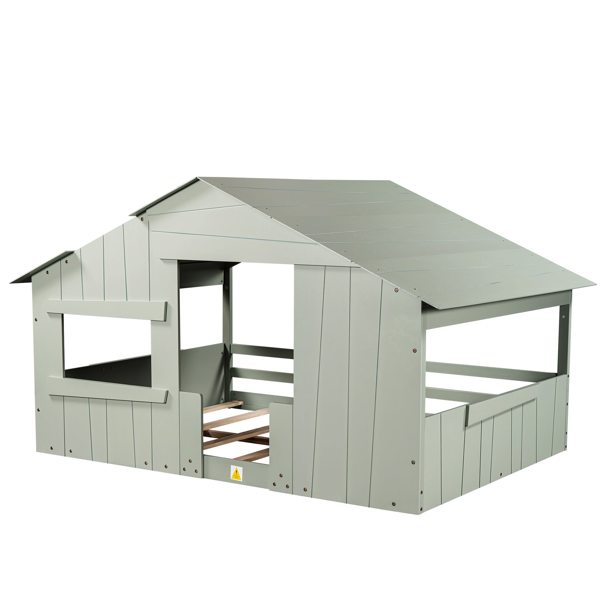 Wood Full Size House Bed with Roof, Window and Guardrail, Light Green - Atlantic Fine Furniture Melbourne FL