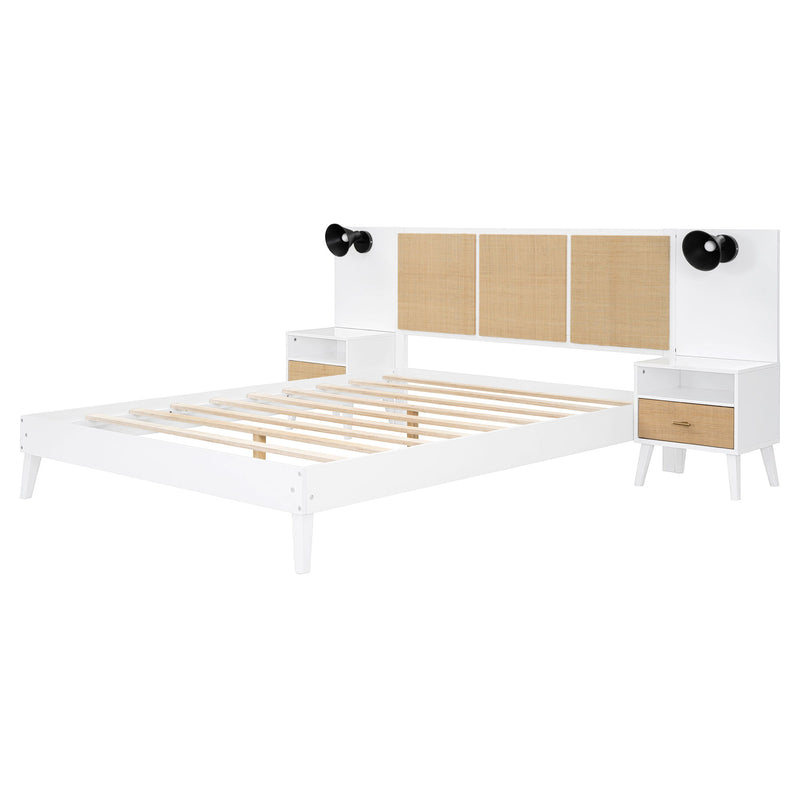 Solid Wood Bed Frame With 2 Nightstands, Elegant Design With Lamps, Rattan And Wood Combination