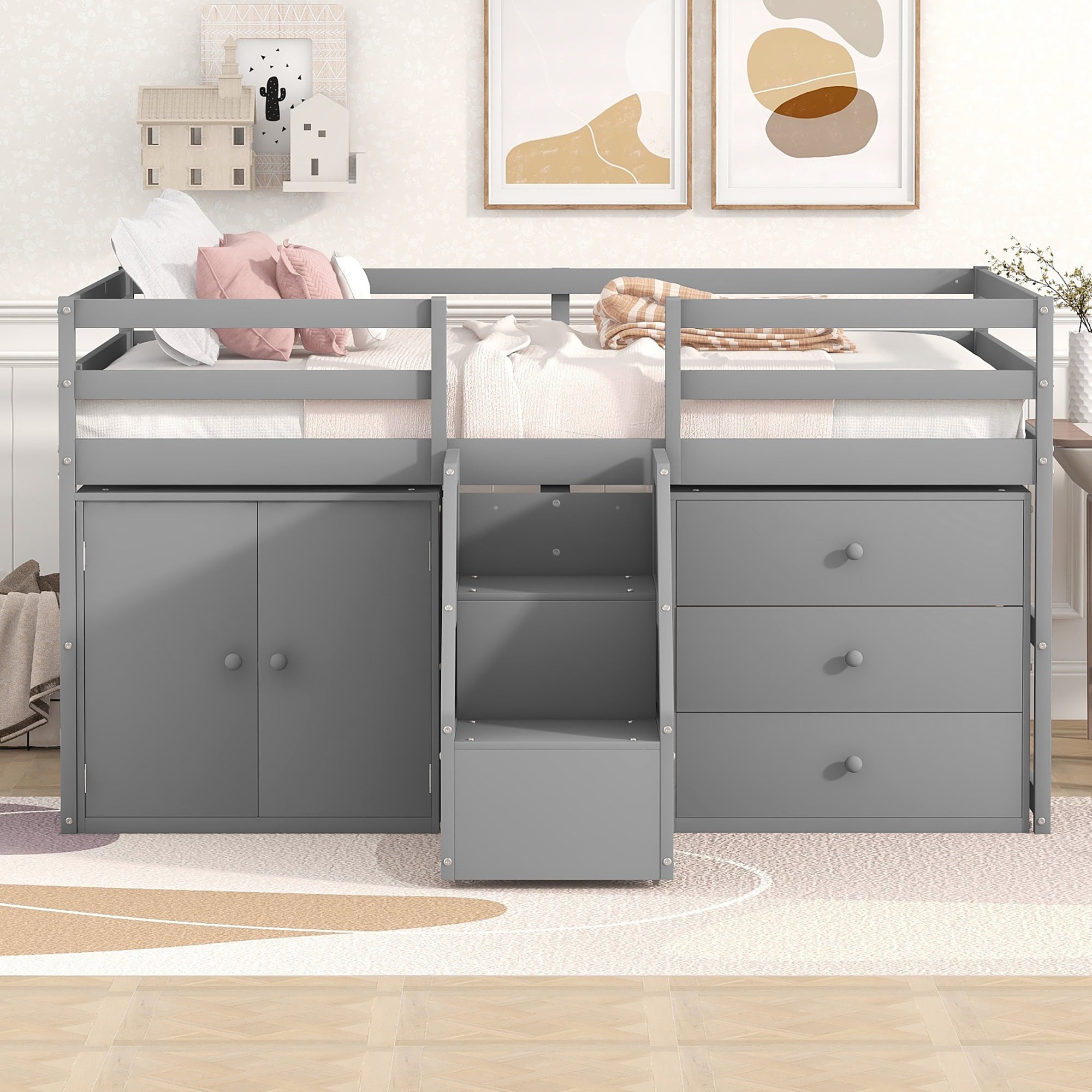 Full Size Functional Loft Bed with Cabinets and Drawers, Hanging Clothes at the back of the Staircase, Gray - Atlantic Fine Furniture Melbourne FL