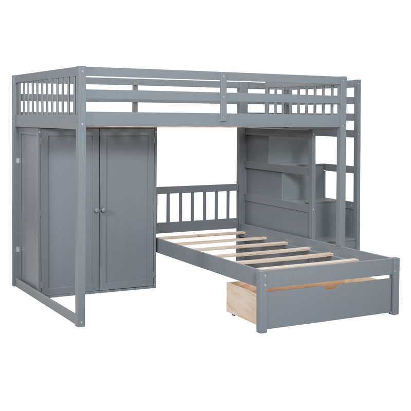 Full Over Twin Bunk Bed with Wardrobe, Drawers, Gray