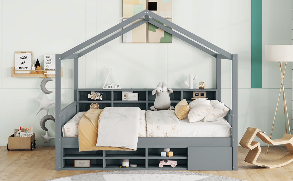 Full Size Wooden House Bed with Shelves and a Mini-cabinet, Gray - Atlantic Fine Furniture Melbourne FL