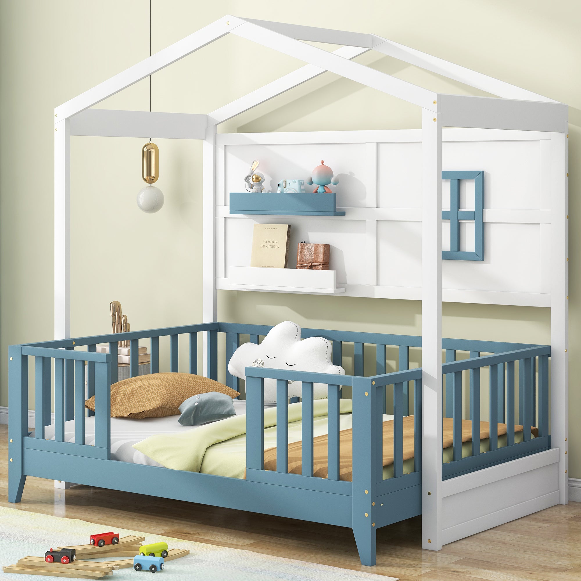 Twin Size Wood House Bed with 2 Shelves and Guardrail, White - Atlantic Fine Furniture Melbourne FL
