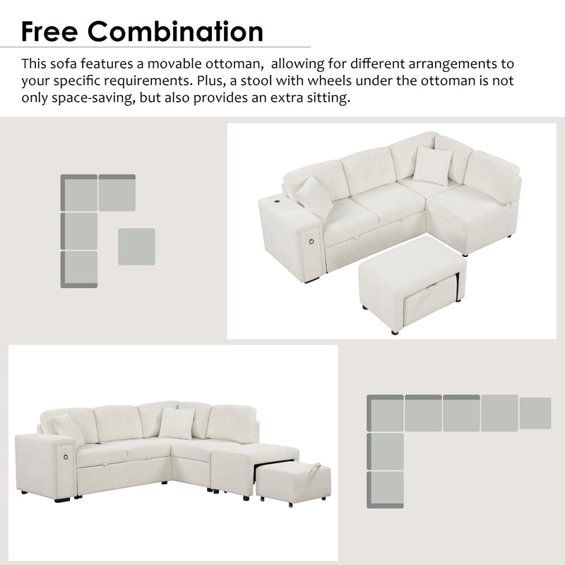 Sectional Sofa L-Shaped Sofa Couch Pull-Out Sofa Bed With A Movable Ottoman, Two USB Ports And Two Cup Holders For Living Room