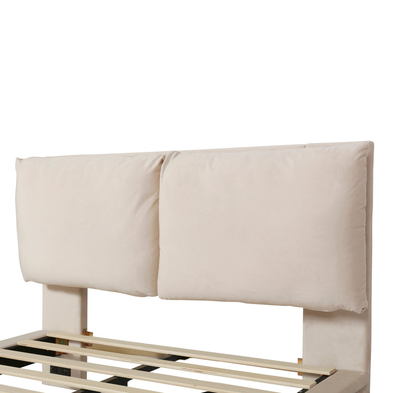 Full Size Upholstered Platform Bed with Sensor Light and 2 Large Backrests, Stylish Platform Bed with 2 sets of USB Port and Socket on each rear Bed Leg, Beige
