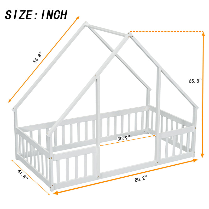 Wood House-Shaped Floor Bed With Fence, Guardrails