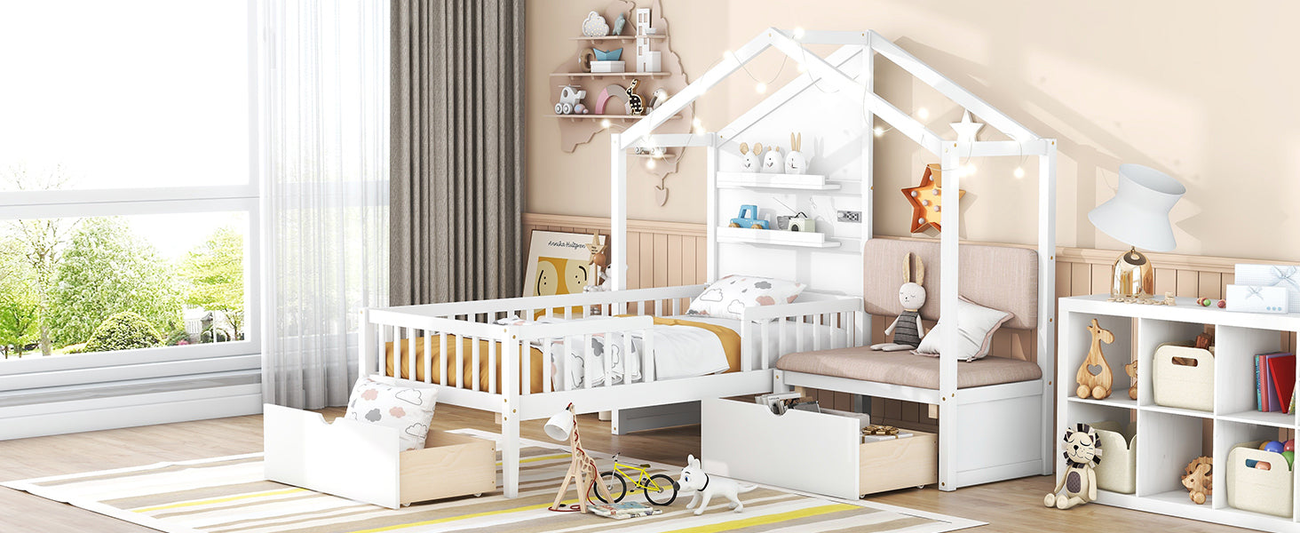 Twin Size House Bed with Upholstered Sofa, House Bed with Charging Station, Wireless Charging, Shelves and Two Drawers, White - Atlantic Fine Furniture Melbourne FL