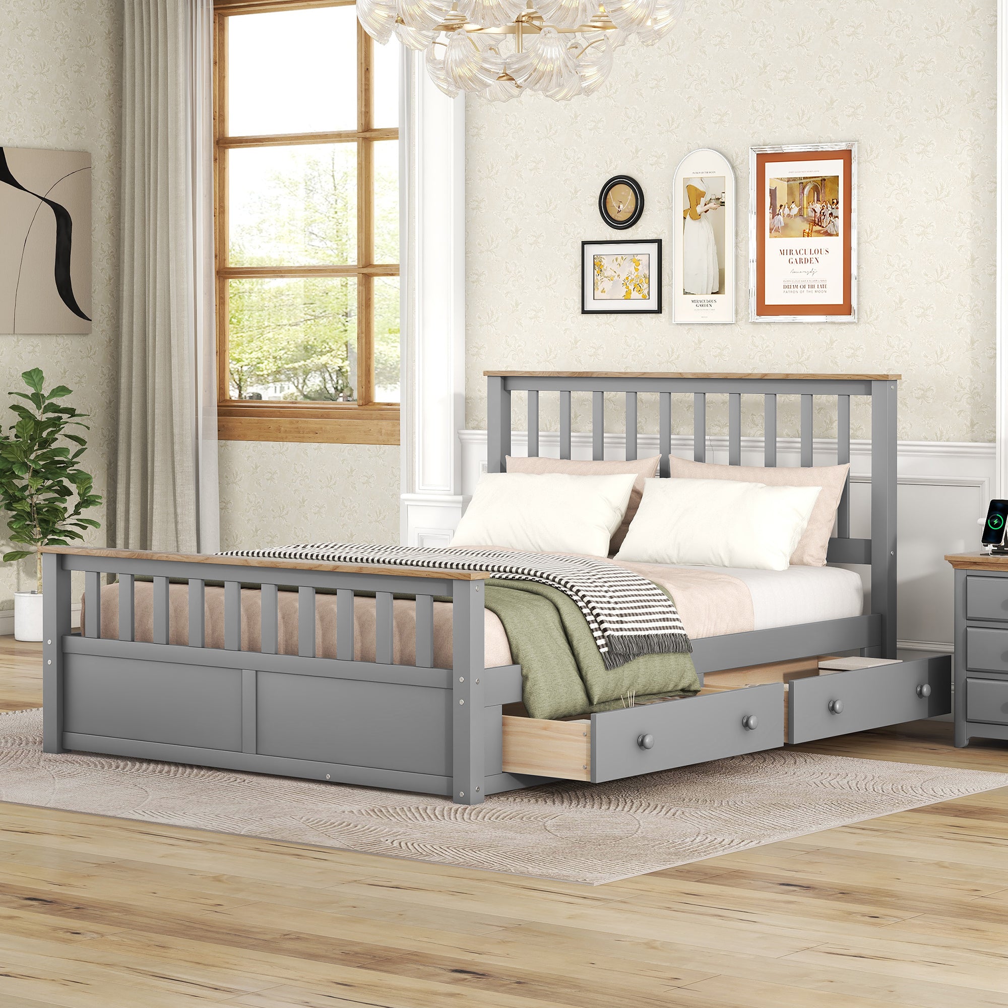 Queen Size Wood Platform Bed with Two Drawers and Wooden Slat Support,Gray+Natrual - Atlantic Fine Furniture Melbourne FL