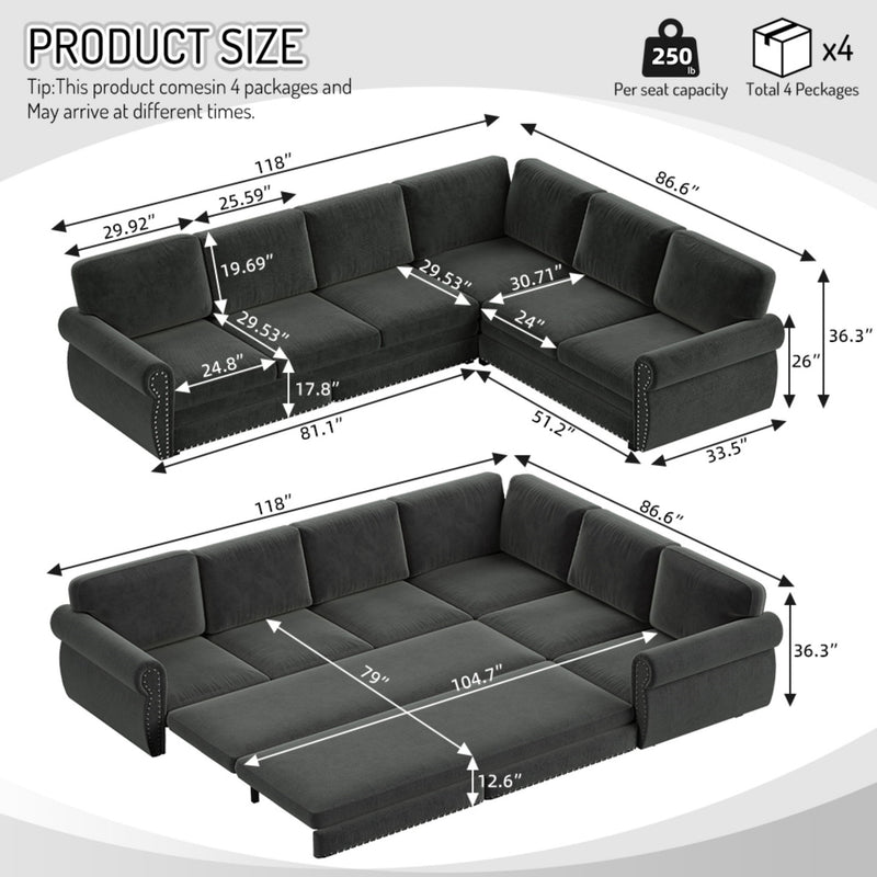 L-Shaped Sofa Couch With Pull Out Bed With Nailhead Trim & Rolled Arm, Sectional Couches, For Living Room - Dark Gray