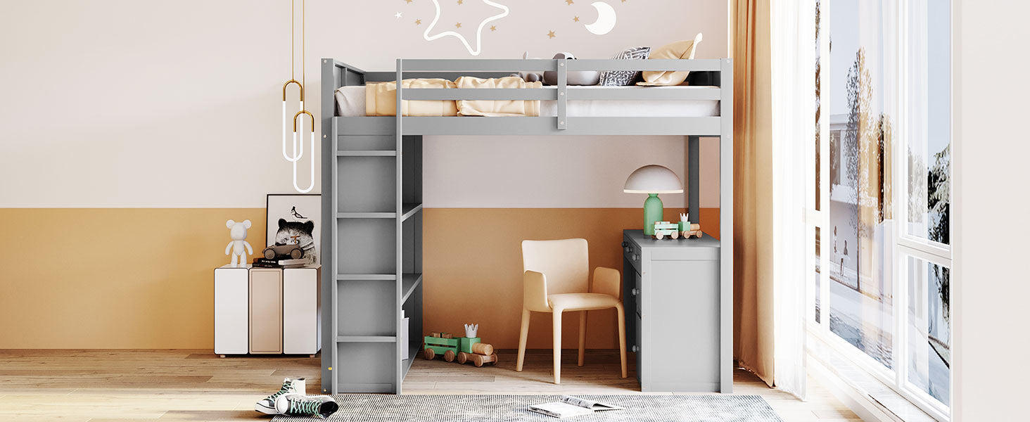 Full Size Loft Bed with Ladder, Shelves, and Desk, Gray - Atlantic Fine Furniture Melbourne FL