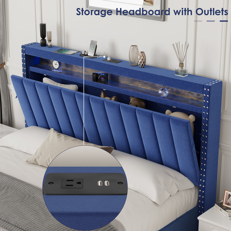 Luxury Gas Lift Storage Bed with RF LED Lights, Storage Headboard ,King Size ,Velvet Blue