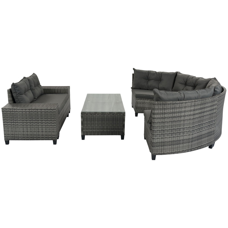 8 Pieces Outdoor Wicker Round Sofa Set, Half-Moon Sectional Sets All Weather, Curved Sofa Set With Rectangular Coffee Table, PE Rattan Water-Resistant And UV Protected, Movable Cushion