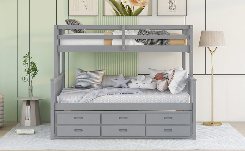 Twin-Over-Full Bunk Bed with Twin size Trundle , Separable Bunk Bed with Drawers for Bedroom - Gray