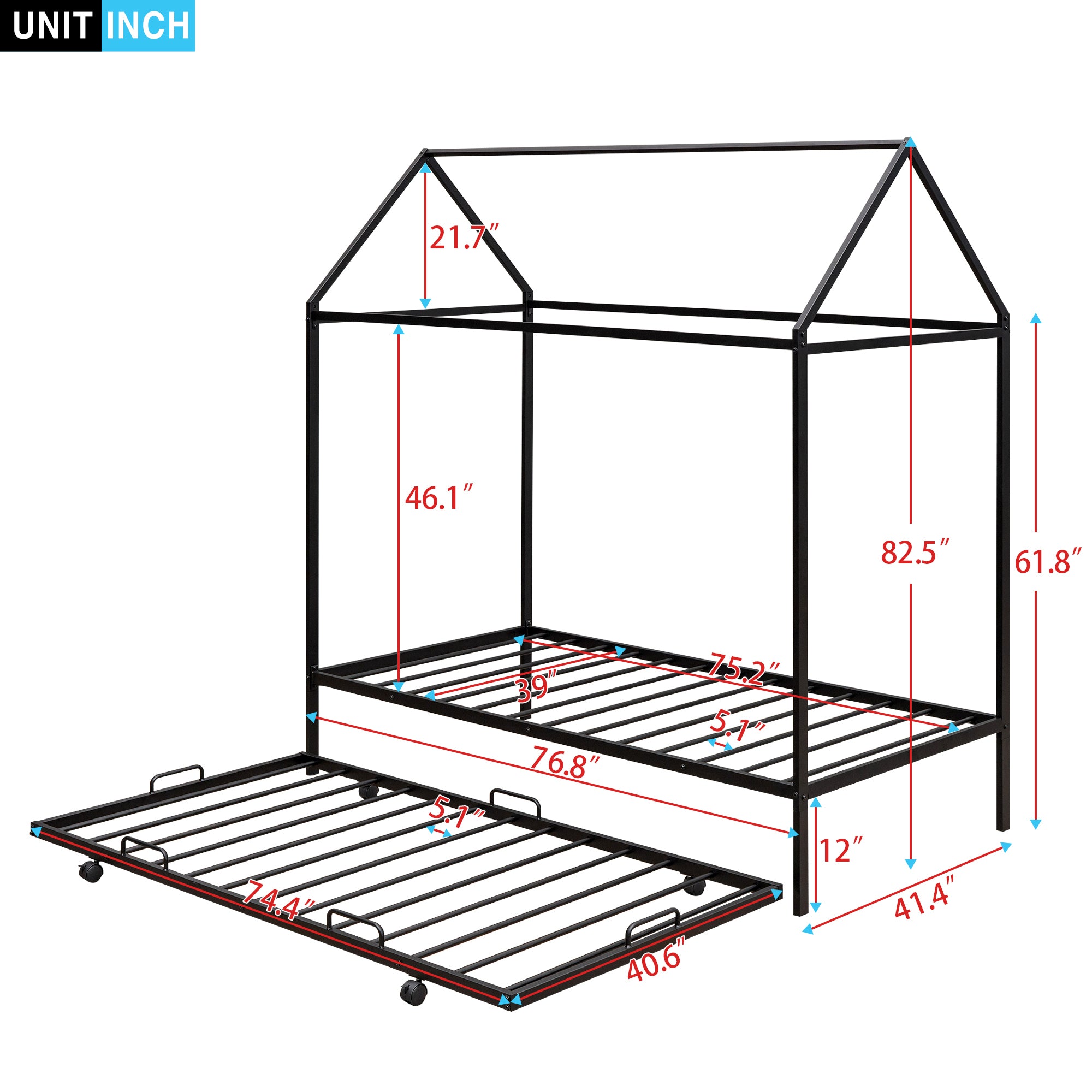 Twin Size Kids House Bed With Trundle, Metal House Bed Black - Atlantic Fine Furniture Melbourne FL