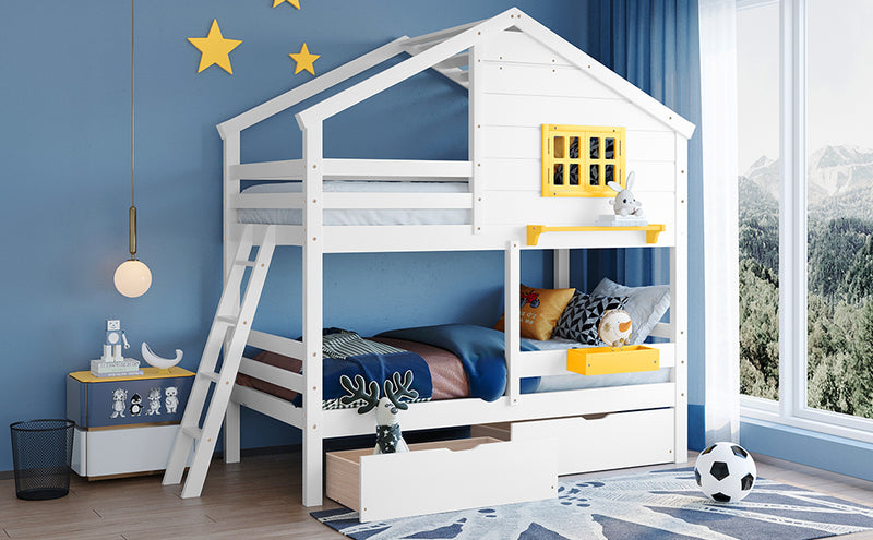 Twin over Twin Bunk Bed with 2 Drawers, 1 Storage Box, 1 Shelf, Window and Roof-White(OLD SKU:LT000608AAK)