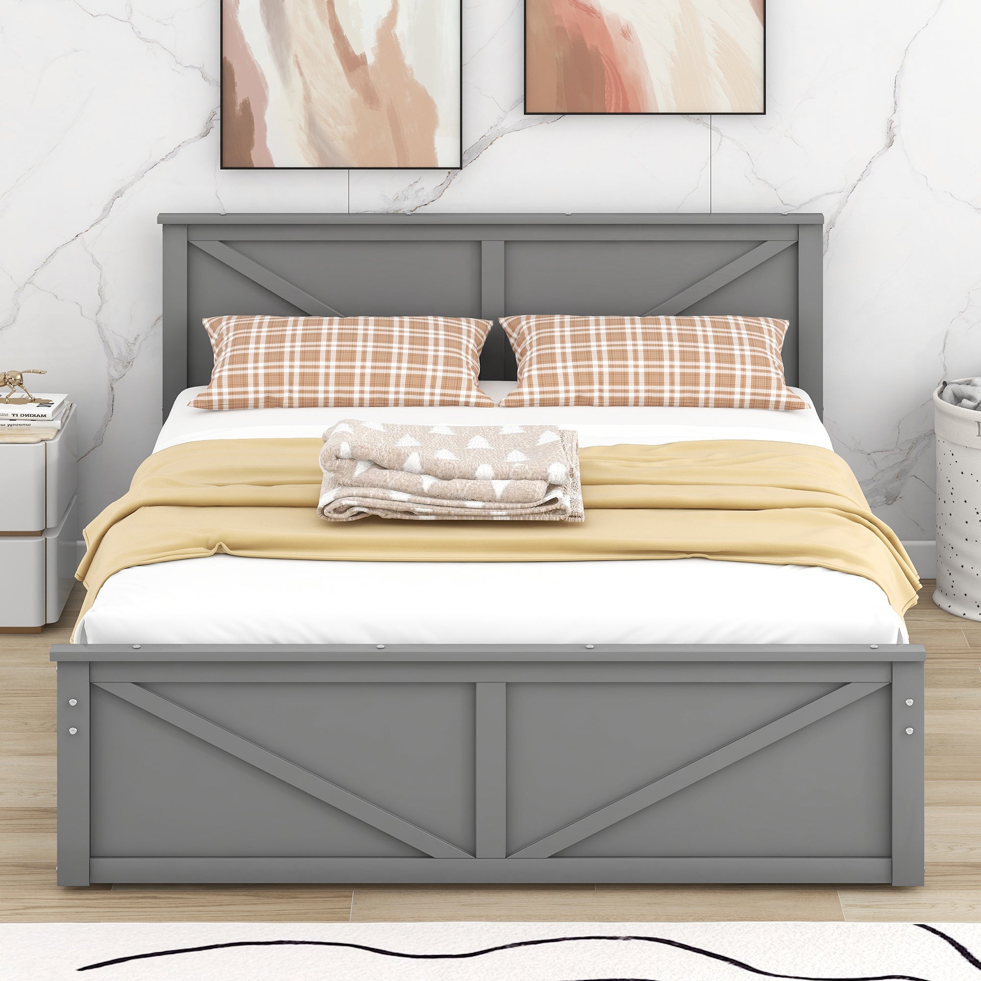 Queen Size Wooden Platform Bed with Four Storage Drawers and Support Legs, Gray - Atlantic Fine Furniture Melbourne FL