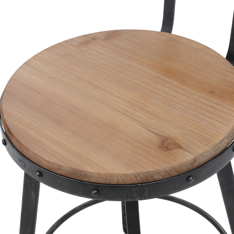 Rustic Metal Barstool With Wooden Seat - Black Brush Silver