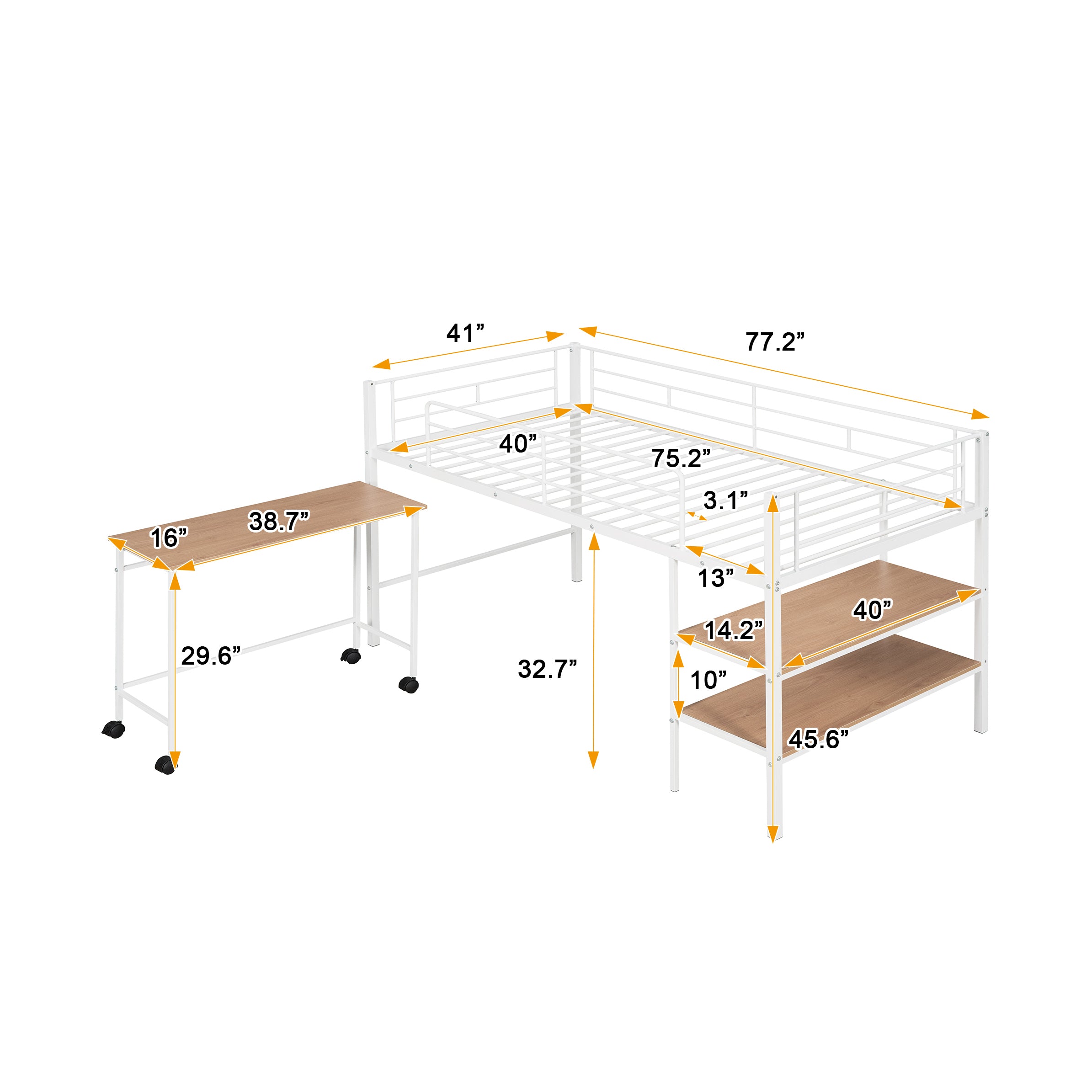 Twin Size Metal Loft Bed with Desk and Shelves,White - Atlantic Fine Furniture Melbourne FL