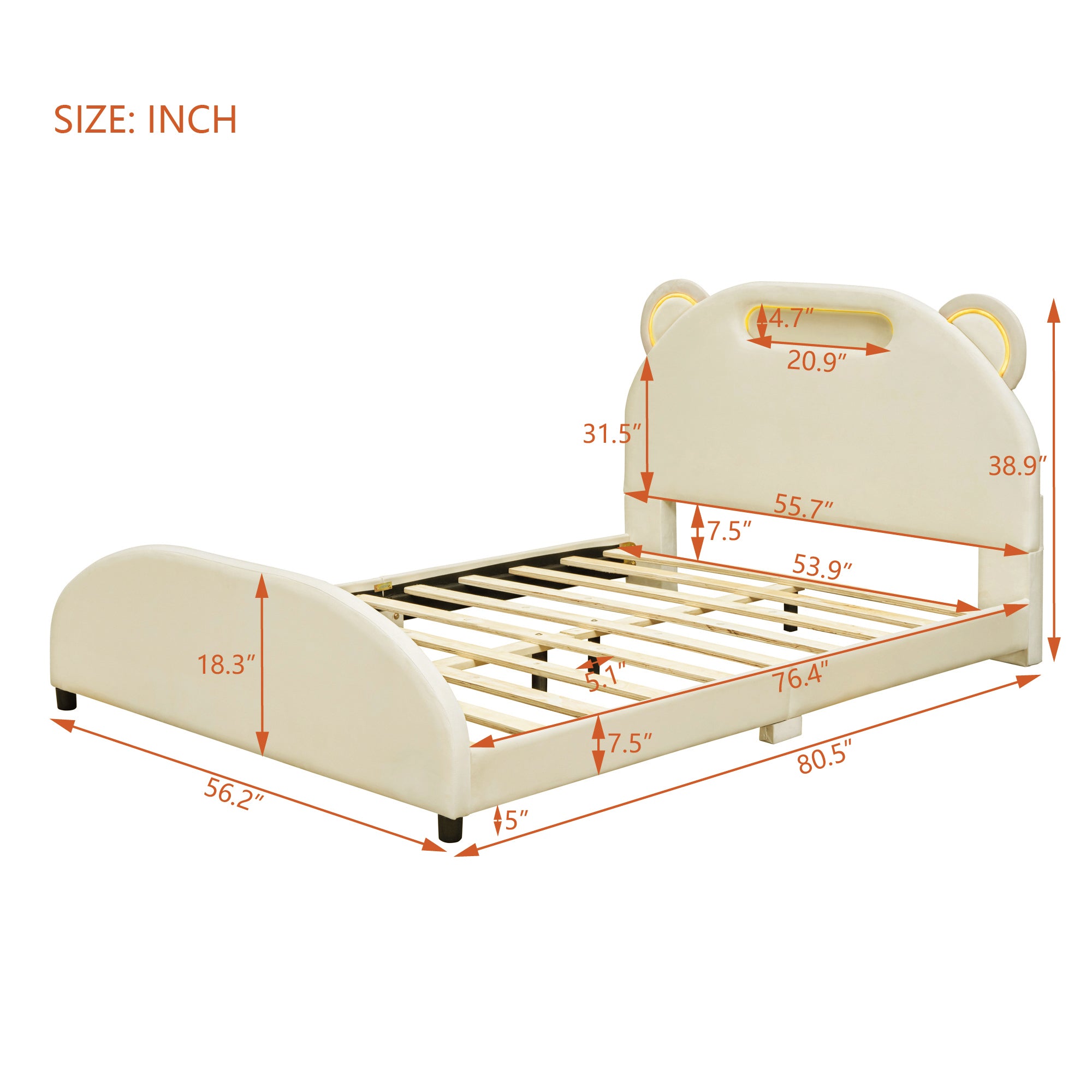 Full Size Upholstered Platform Bed with Bear-Shaped Headboard and Embedded Light Stripe, Velvet, Beige - Atlantic Fine Furniture Melbourne FL