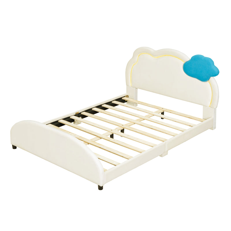 Full Size Upholstered Platform Bed with Cloud-Shaped Headboard and Embedded Light Stripe, Velvet, Beige