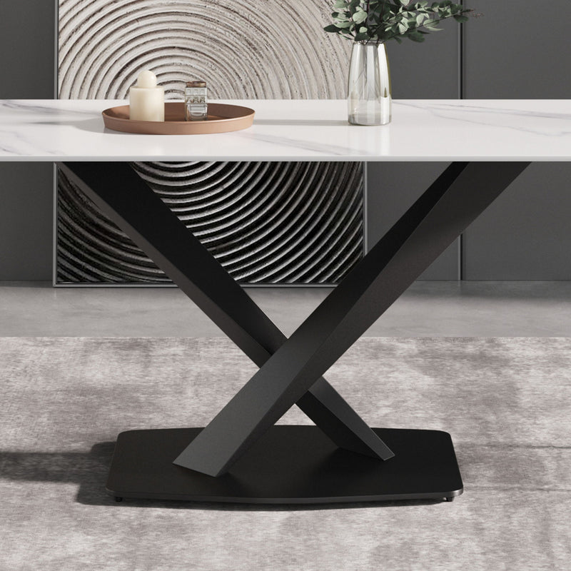 63" Modern Artificial Stone Straight Edge Metal X-Leg Dining Table, 6 People - White / Black