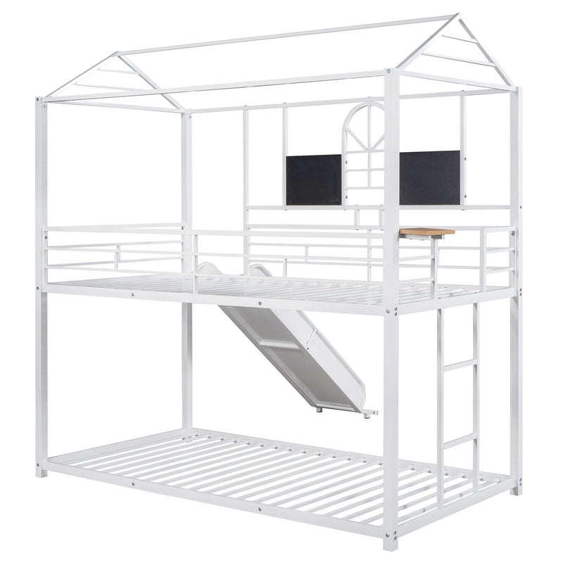 Twin Over Twin Metal Bunk Bed, Metal Housebed With Slide, Three Colors Available