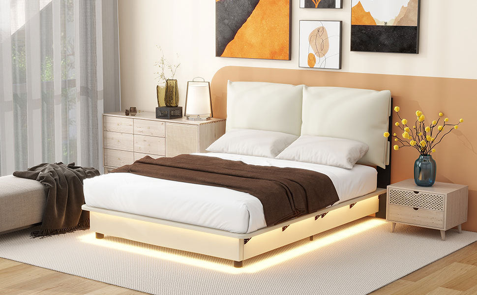 Full Size Upholstered Platform Bed with Sensor Light and Ergonomic Design Backrests, White - Atlantic Fine Furniture Melbourne FL