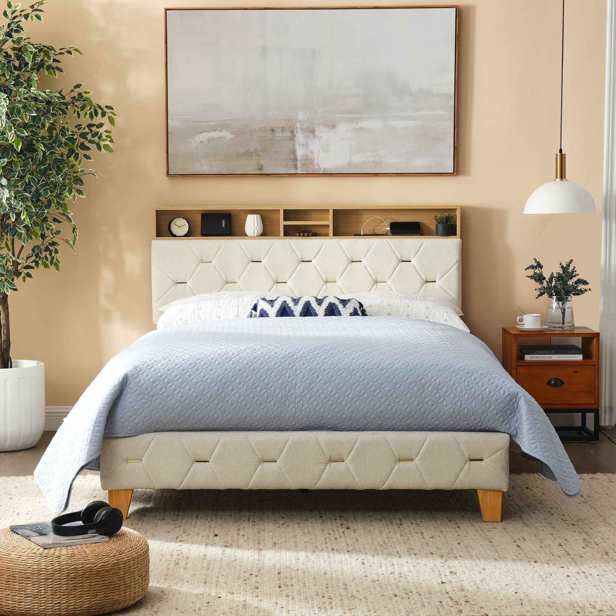 Full Size Bed Frame, Shelf Upholstered Headboard, Platform Bed with Outlet & USB Ports, Wood Legs, No Box Spring Needed, Easy Assembly, Beige - Atlantic Fine Furniture Melbourne FL