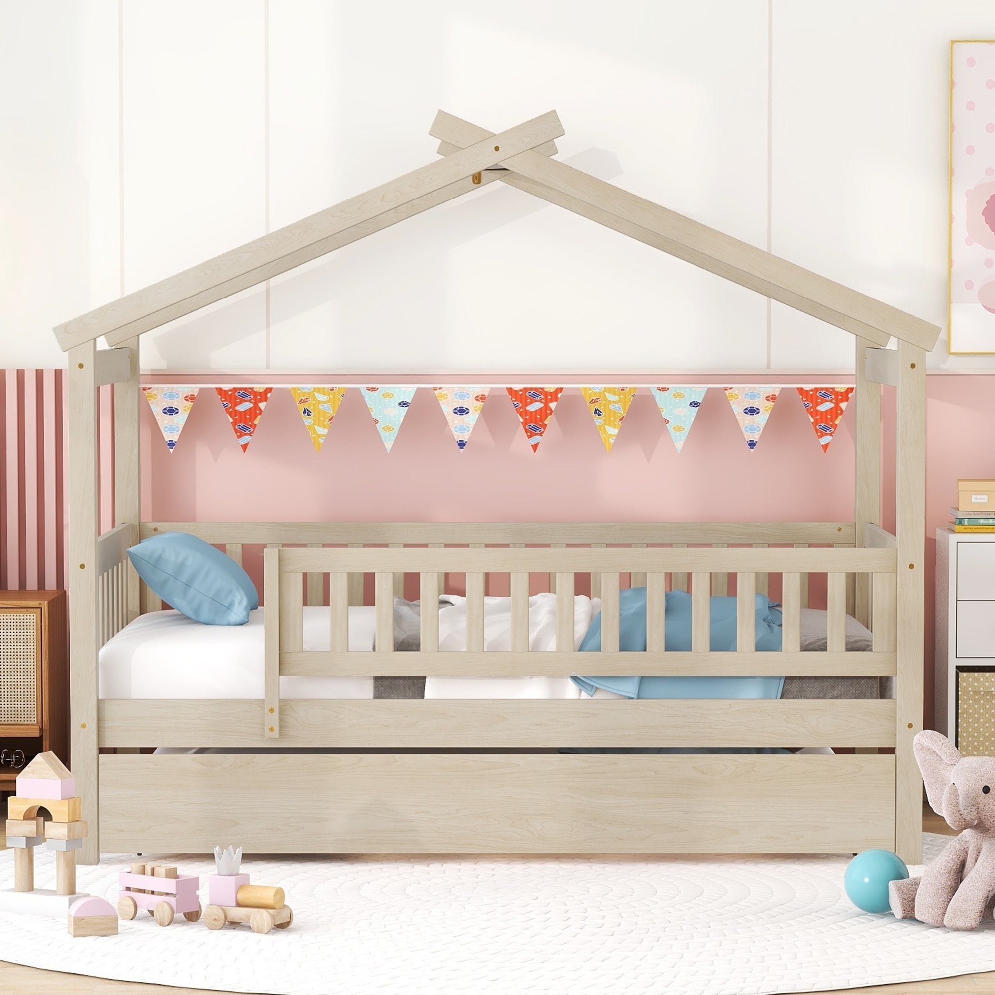 Twin Size Wooden House Bed with Twin Size Trundle, Natural - Atlantic Fine Furniture Melbourne FL