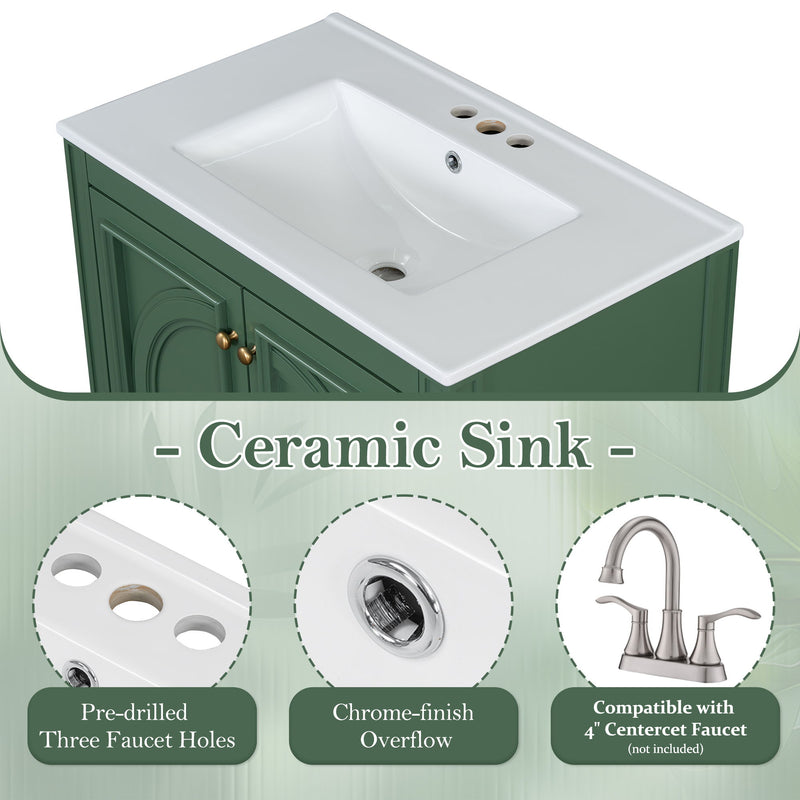 30" Bathroom Vanity With Sink, 2 Doors With Shelf, Soft Close Door Hinges, Vintage Style - Green