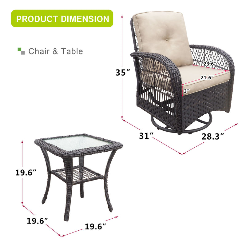 3 Pieces Conversation Set, Outdoor Wicker Rocker Swivel Patio Bistro Set, Rocking Chair With Glass Top Side Table