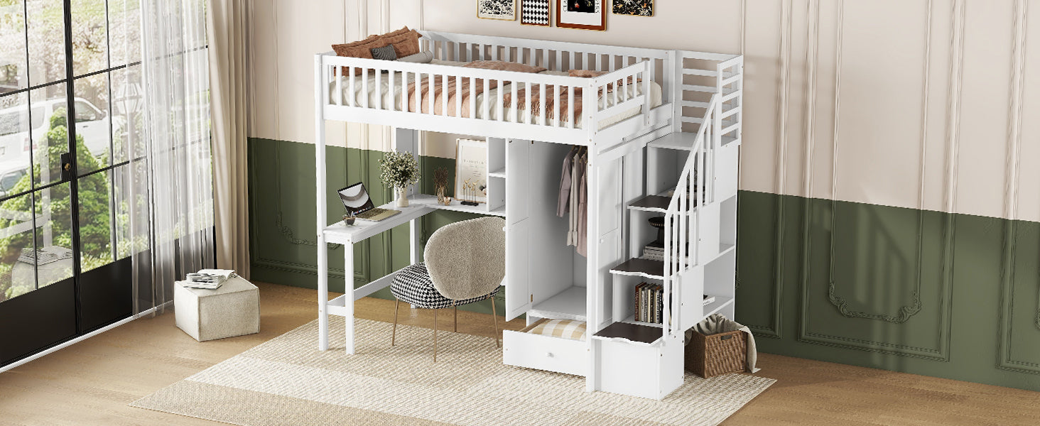 Twin size Loft Bed with Bookshelf,Drawers,Desk,and Wardrobe-White - Atlantic Fine Furniture Melbourne FL