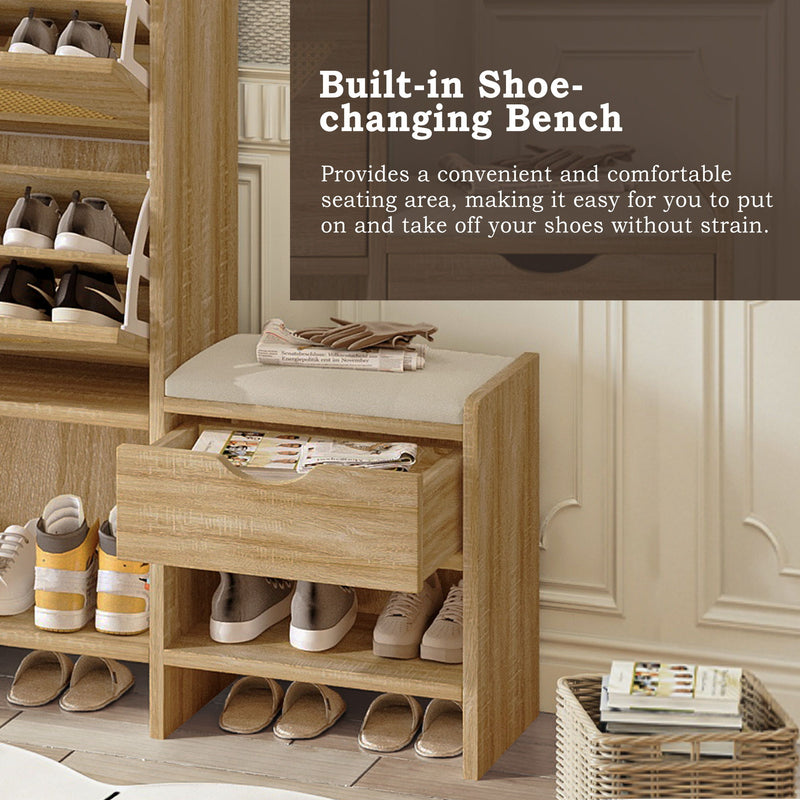 Shoe Storage Cabinet Rattan Shoe Storage Organizer With 2 Flip Drawers, A Storage Drawer And A Bench For Entryway, And Hallway - Light Brown