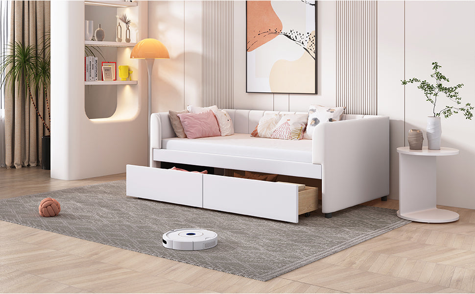 Twin Size Upholstered Daybed with Ergonomic Design Backrest and 2 Drawers, Beige - Atlantic Fine Furniture Melbourne FL
