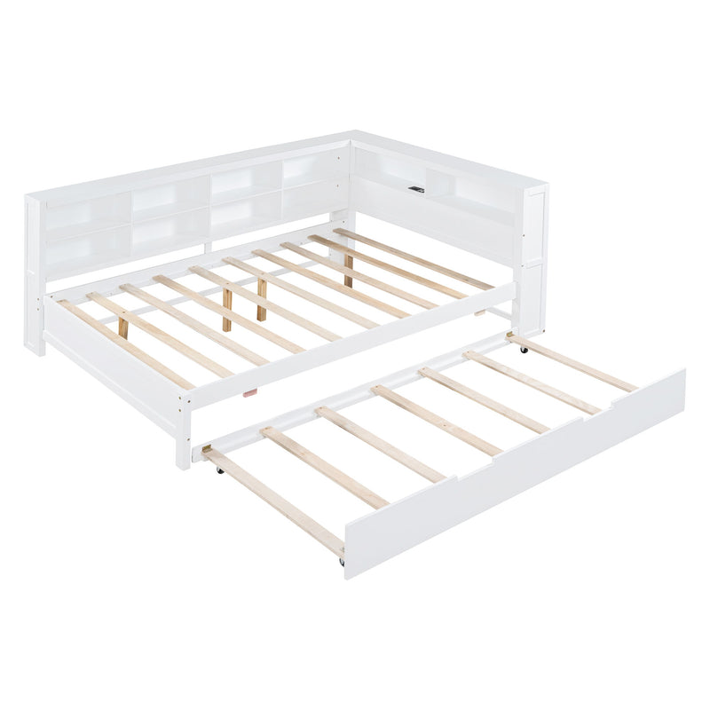 Wooden Full Size Daybed With Twin Size Trundle, Daybed With Storage Shelf And USB Charging Ports - White