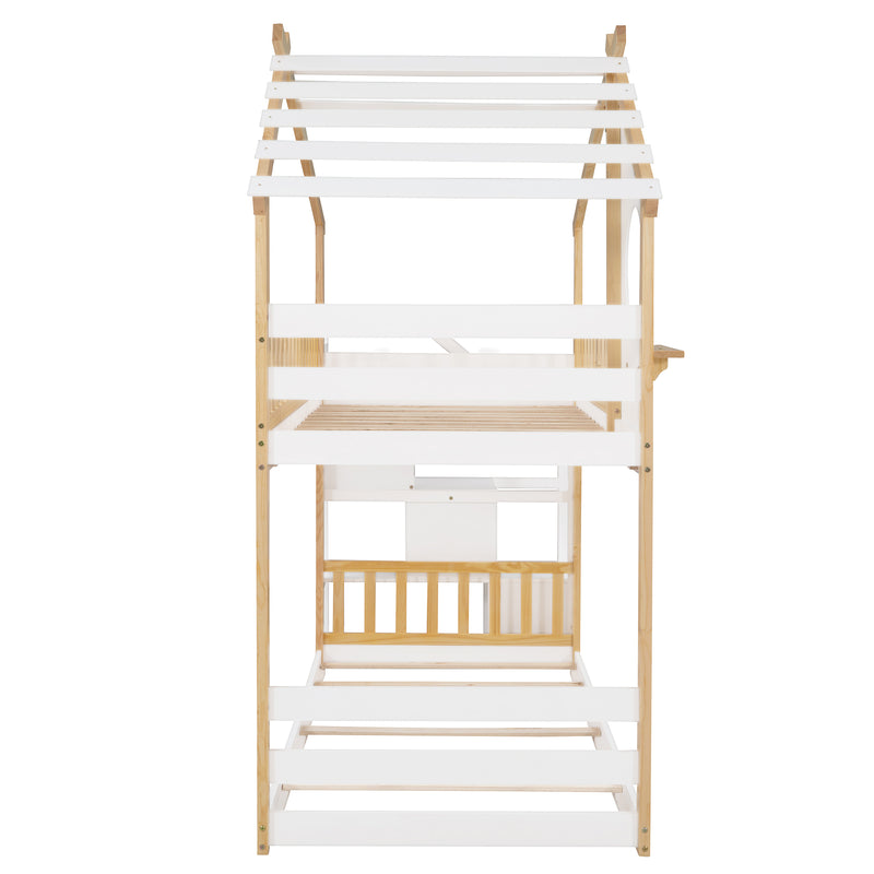 Stairway Twin-Over-Twin Bunk Bed,House Bed,Storage and Guard Rail,Natural Bed +White Stair(OLD SKU :LT000308AAK)