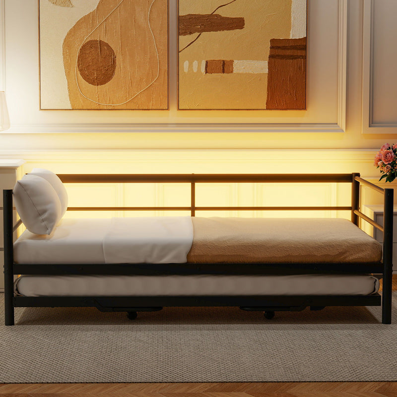 Industrial Metal Daybed With Adjustable Pop Up Trundle And LED Strip