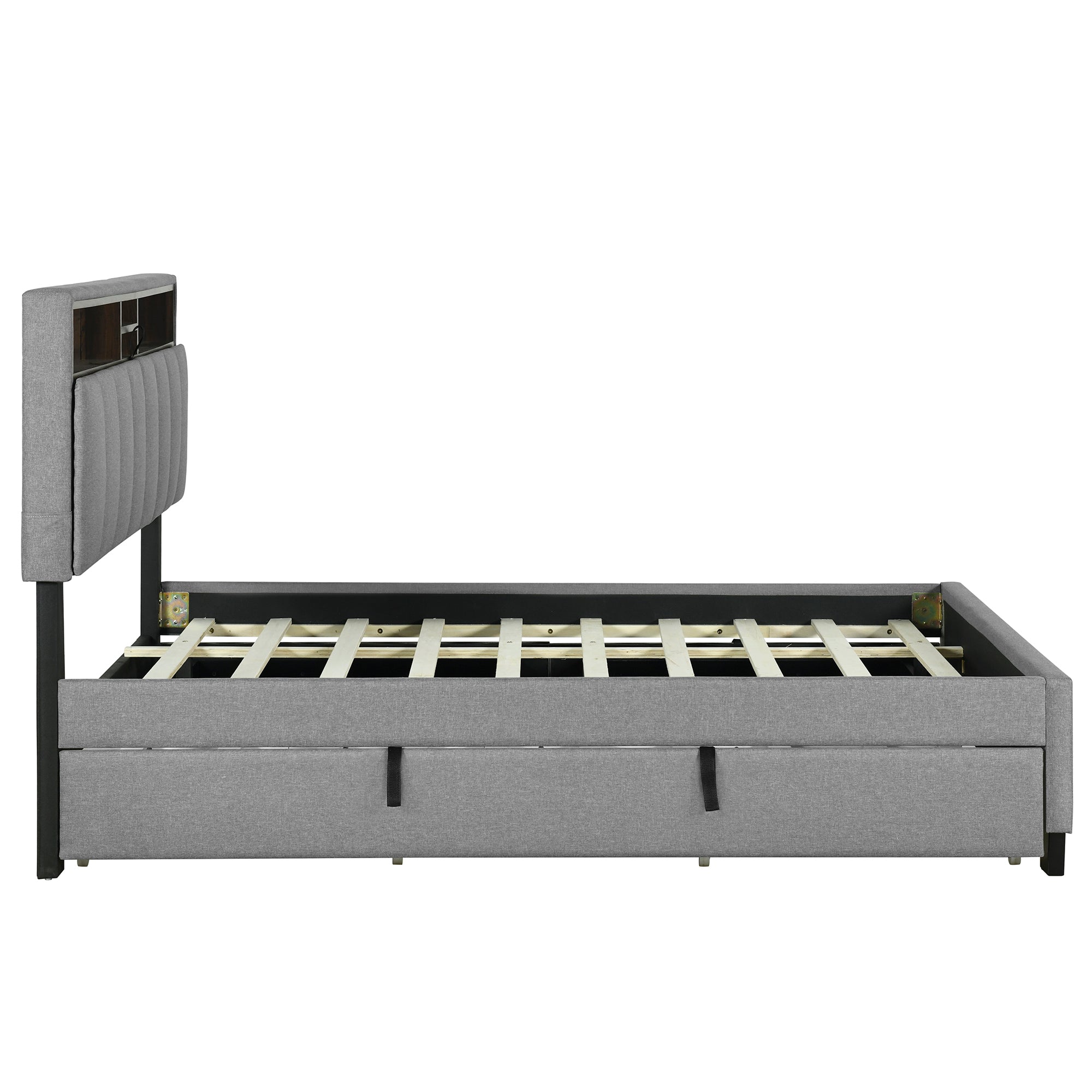 Full size Upholstered Platform Bed with Storage Headboard, Twin Size Trundle & 2 drawers and a set of Sockets & USB Ports, Linen Fabric, Gray - Atlantic Fine Furniture Melbourne FL