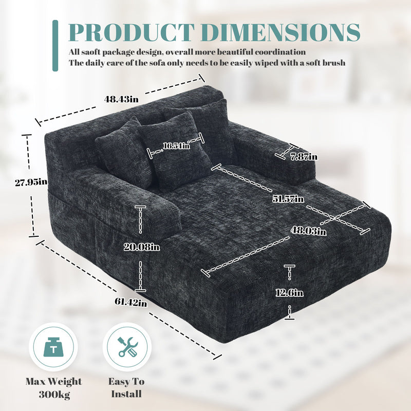 Chenille Interior Lazy Sofa Chaise Longue Armchair With 3 Pillows And Armrests