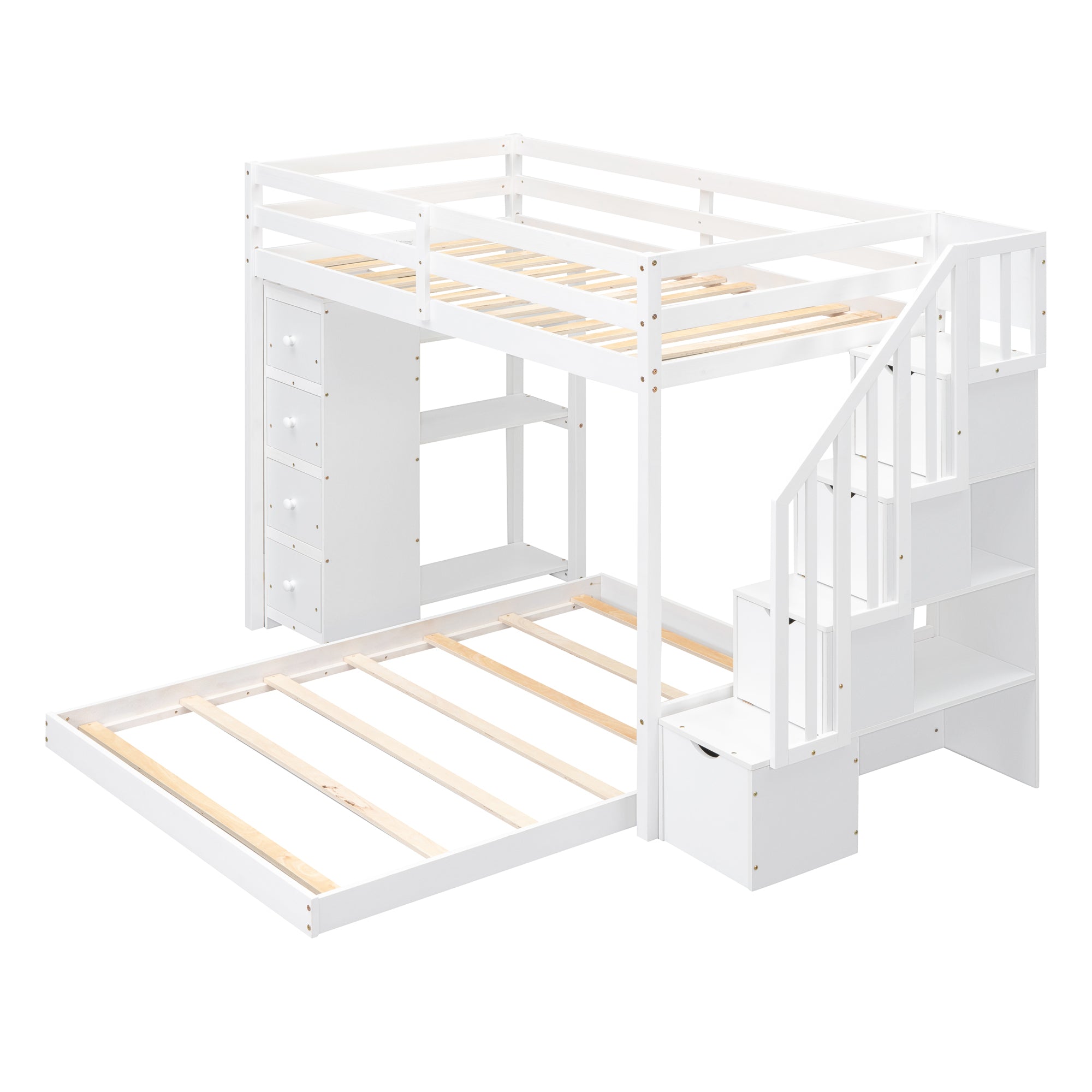 Twin Over Full Bunk Bed with 3-layer Shelves, Drawers and Storage Stairs, White - Atlantic Fine Furniture Melbourne FL