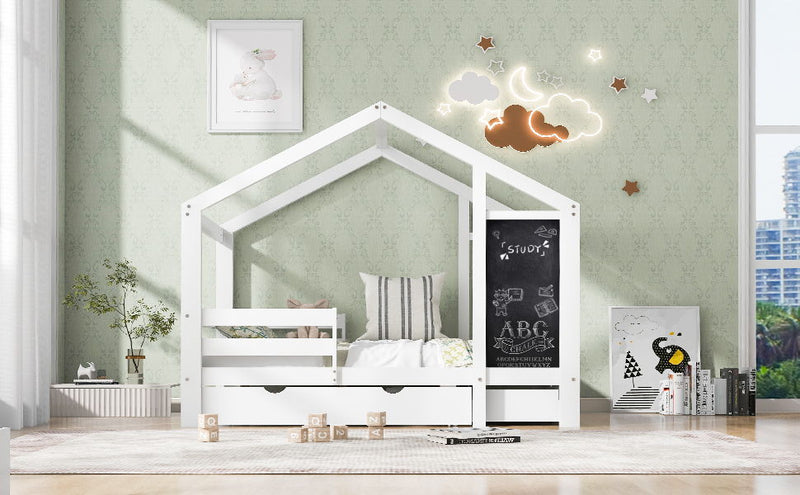 Twin House Bed With Blackboard And Drawers, 2 Assembly Options - White