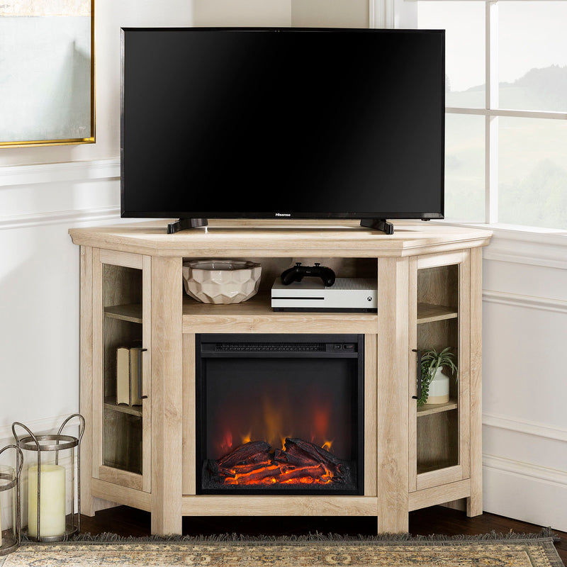 Classic Glass Door Fireplace TV Stand For TVs Up To 55" - White Oak